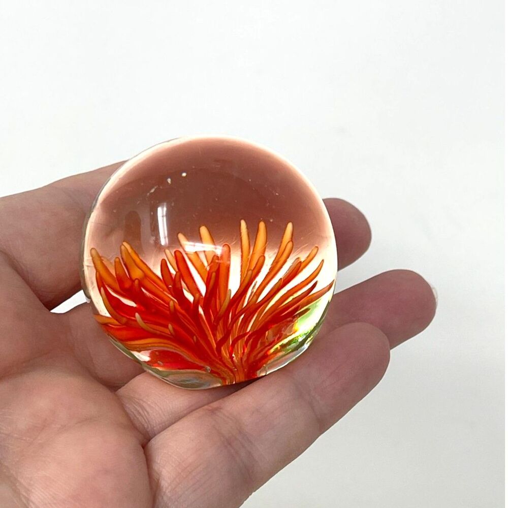 Vintage Dehlia Chrysanthemum Flower Orange & Green Glass Paperweight Decor